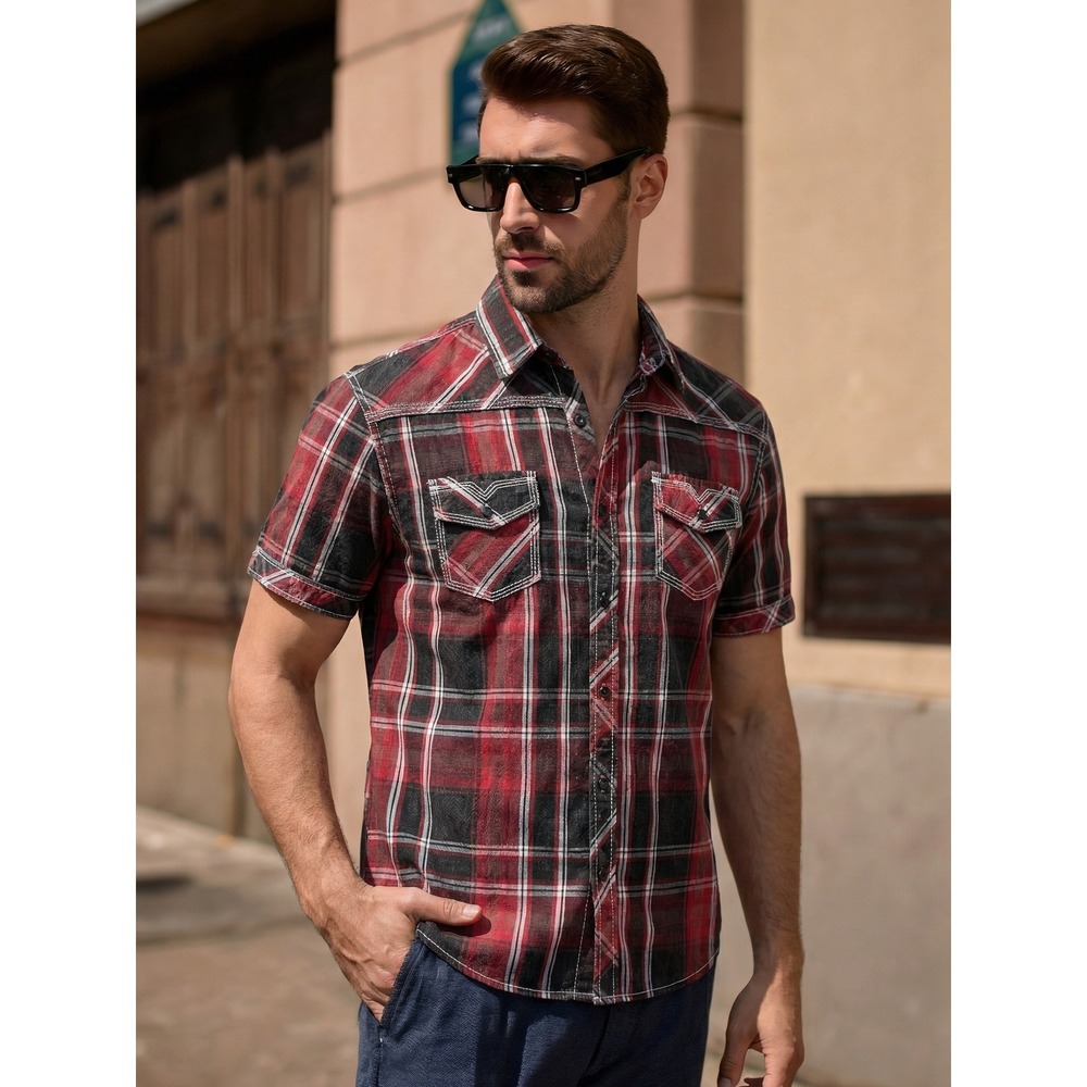BKE Vintage Men's Large‎ Red Black Plaid Short Sleeve Western Snap Shirt V441FPW